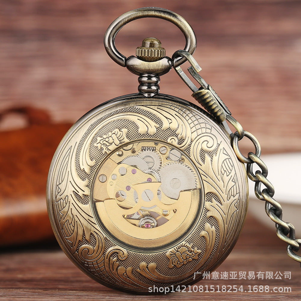 Wholesale Flip cover vintage carved magnifying glass mechanical pocket watch